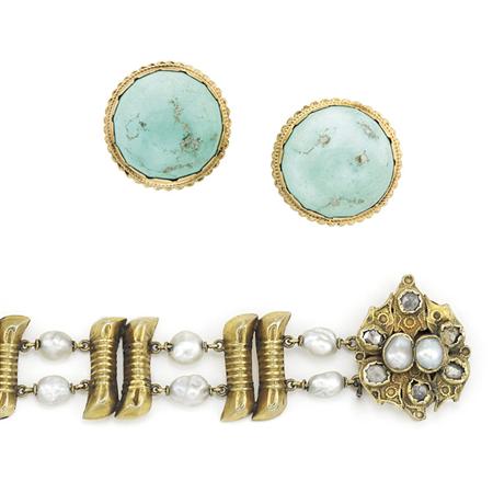 Appraisal: Gold and Freshwater Pearl Bracelet and Pair of Gold and