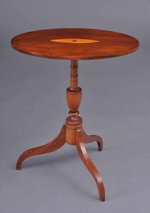 Appraisal: FEDERAL INLAID CHERRY AND MAPLE TRIPOD STAND The oval tilt