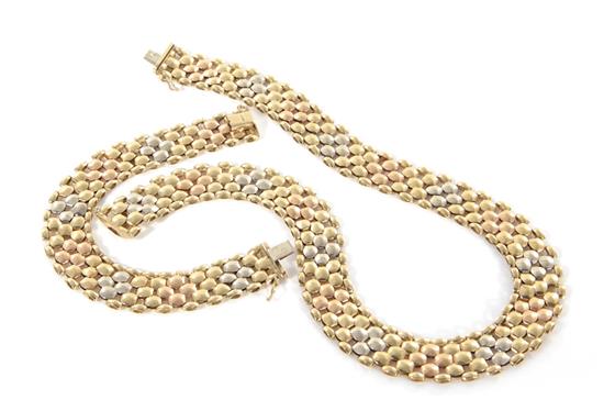 Appraisal: Italian gold mesh necklace and bracelet set K tricolor gold