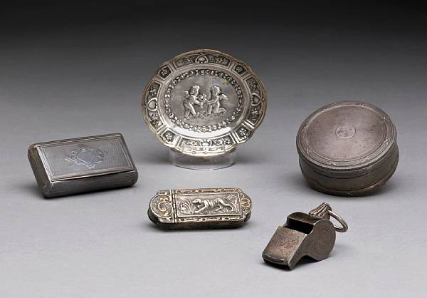 Appraisal: A French silver group of boxes etc Comprising standard snuff