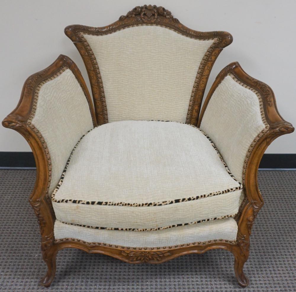 Appraisal: Provincial Style Carved Walnut and Upholstered Lounge Chair H in