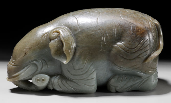 Appraisal: Jade Elephant Chinese Qing Dynasty olive-green and gray-green celadon jade