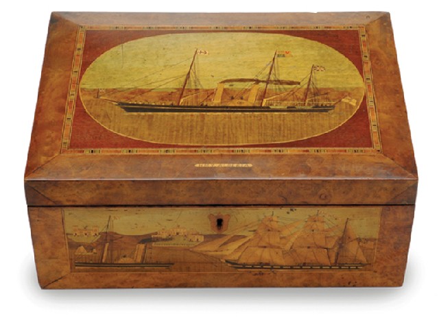 Appraisal: AN UNUSUAL SPECIMEN WOOD INLAID SEWING BOX OF YACHTING INTEREST