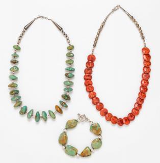 Appraisal: A Collection of Silver Turquoise and Coral Bead Jewelry consisting