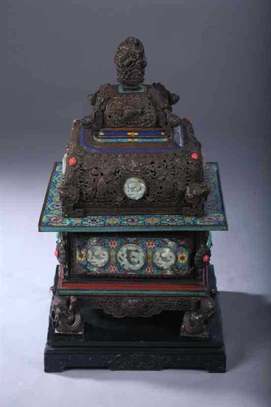 Appraisal: LARGE CHINESE JADE AND TURQUOISE INSET CLOISONN ENAMEL AND BRONZE