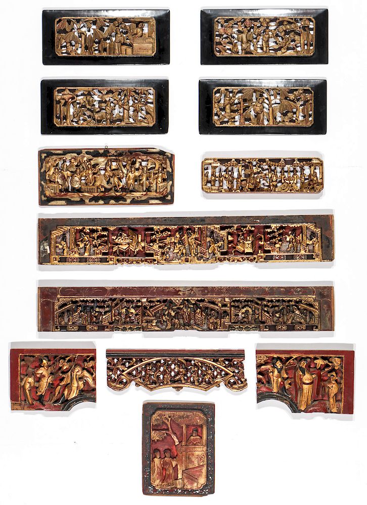 Appraisal: Estate Grouping of th C Chinese Carved Wood Panels Estate