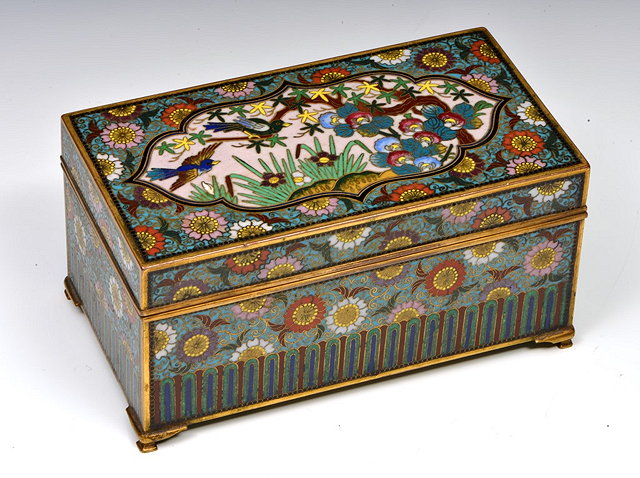 Appraisal: A JAPANESE CLOISONNE RECTANGULAR BOX with reserve panel to the