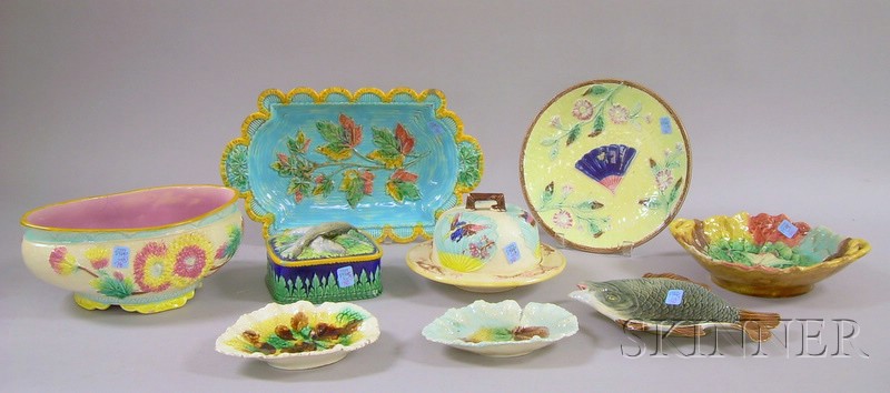 Appraisal: Nine Assorted Majolica Tableware Items a Japonesque fan and crane