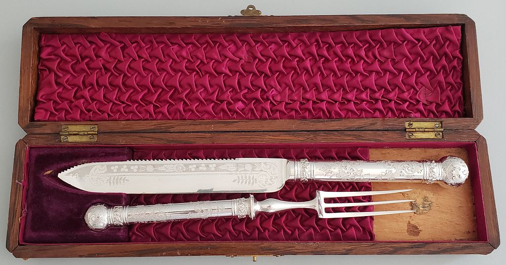 Appraisal: English Engraved Silver Plated Boxed Carving Set th Century English