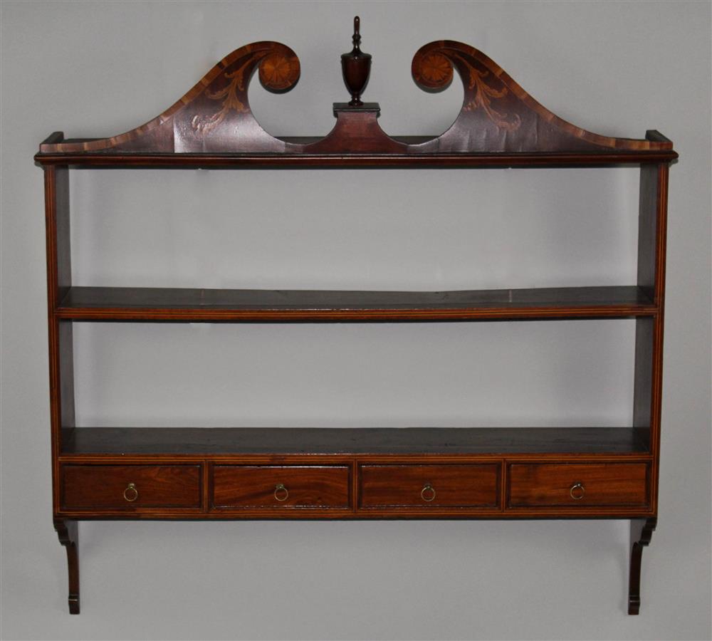 Appraisal: GEORGIAN MAHOGANY HANGING WALL SHELF having an inlaid swan neck