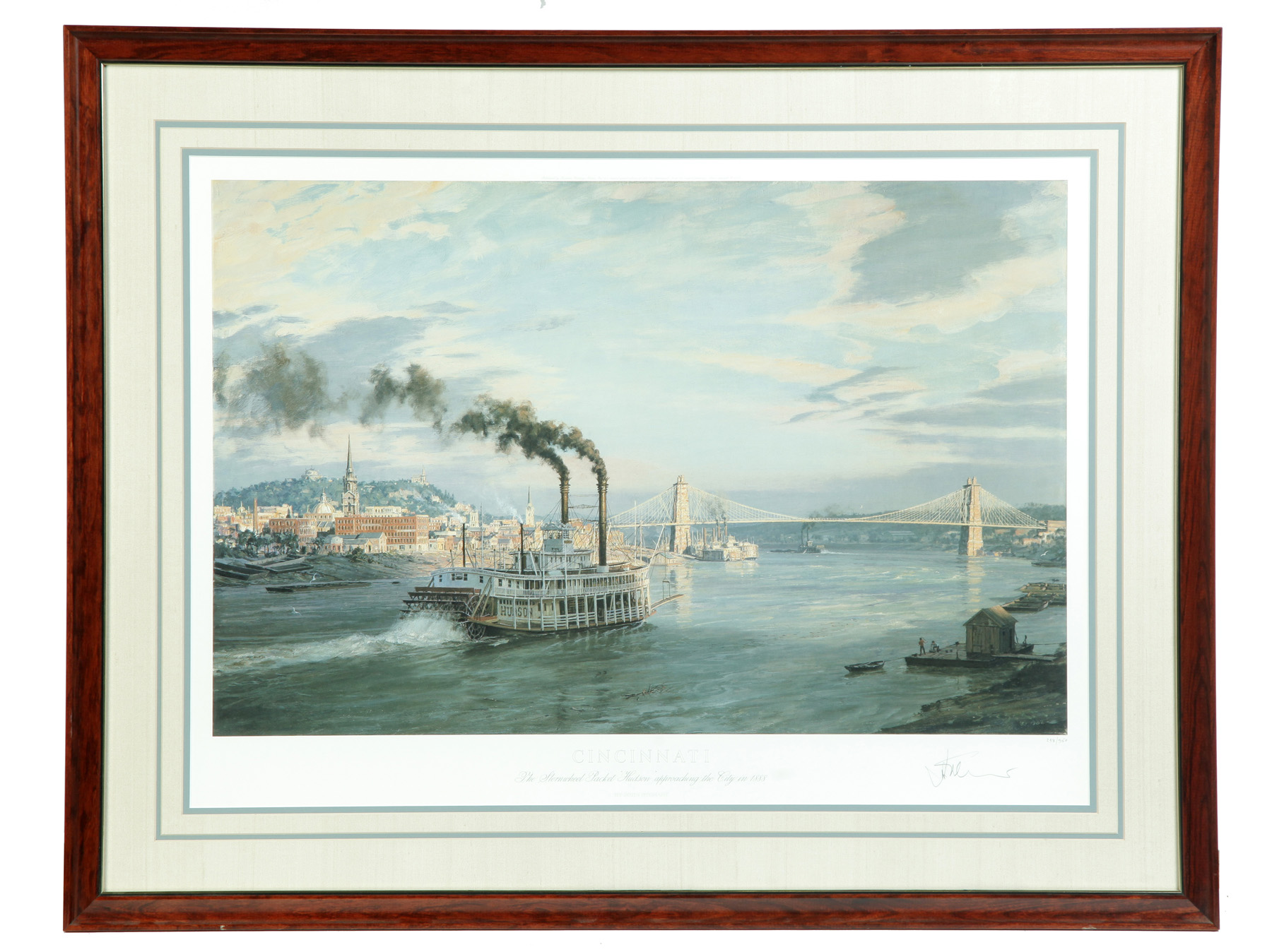 Appraisal: FRAMED LIMITED EDITION PRINT CINCINNATI THE STERNWHEEL PACKET 'HUDSON' APPROACHING