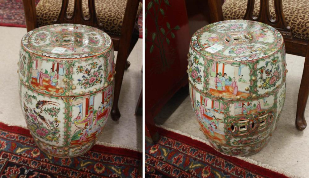 Appraisal: A PAIR OF CHINESE ROSE CANTON PORCELAIN GARDEN STOOLS matching