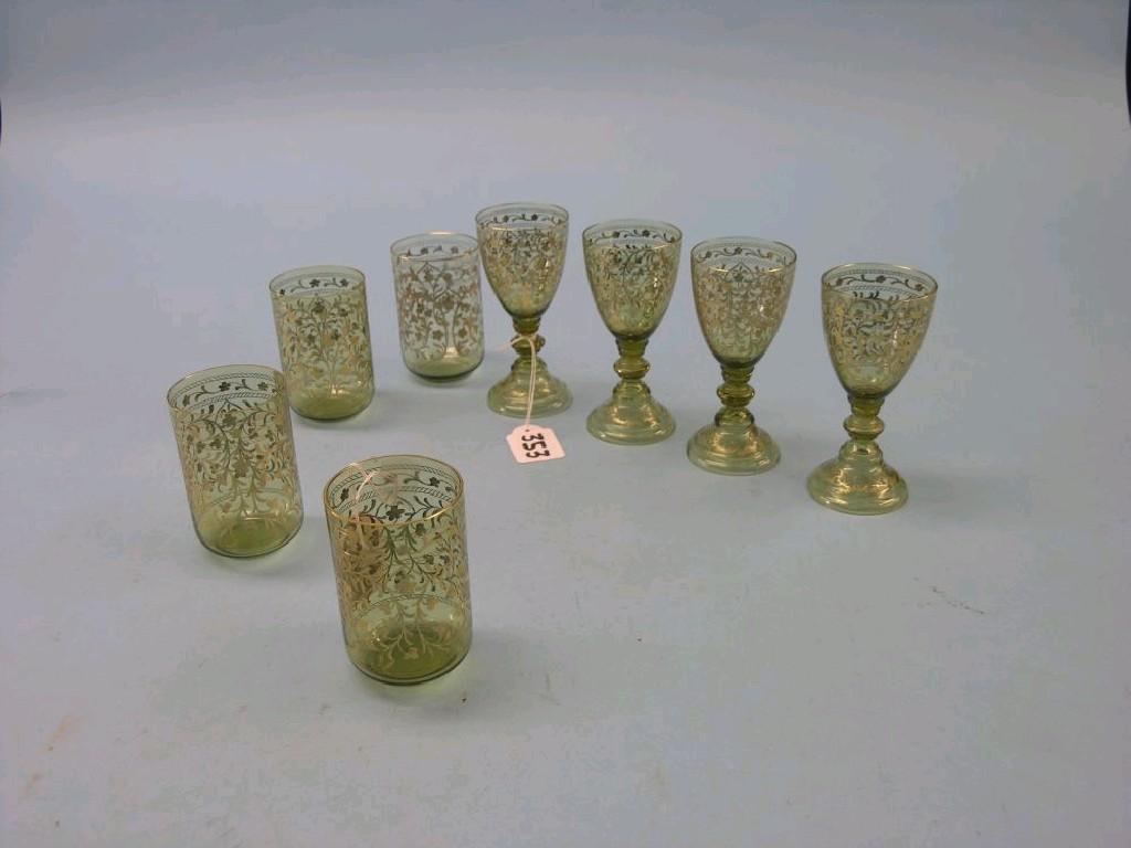 Appraisal: A set of four German roemer-type wine goblets gilded with