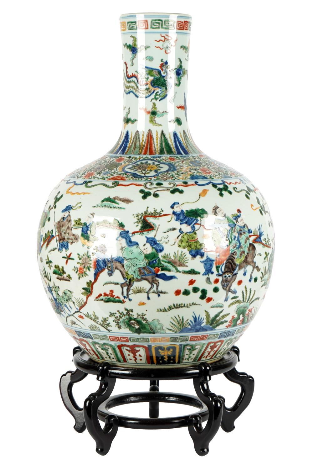 Appraisal: LARGE CHINESE WUCAI PORCELAIN VASEunmarked with wooden stand inches diameter