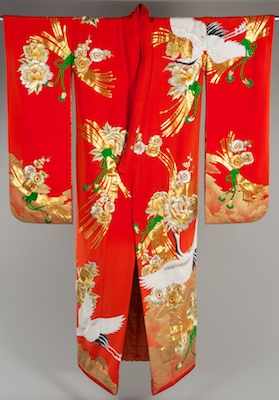 Appraisal: Another Japanese Wedding Kimono Contemporary Bright red silk embroidered with