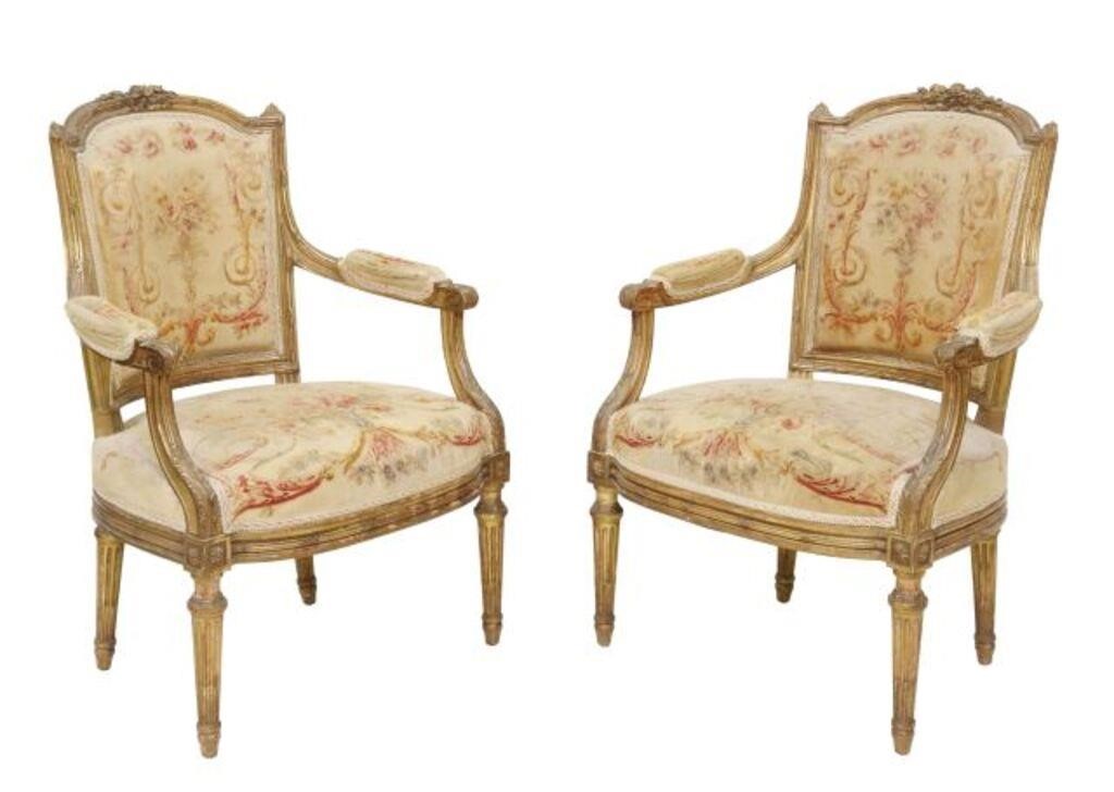 Appraisal: pair Louis XVI style giltwood armchairs late th c floral