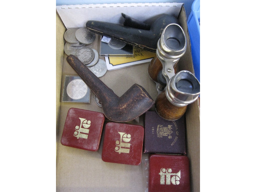 Appraisal: Box of miscellania - pipes coins binoculars etc