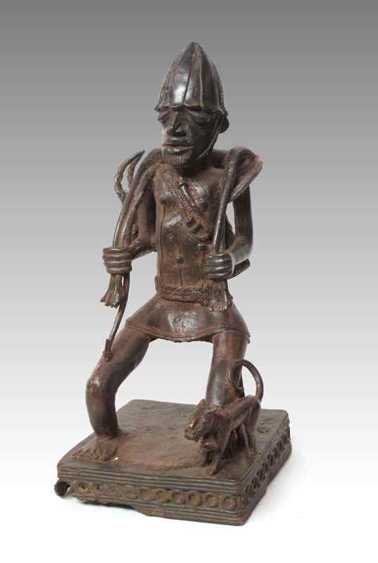 Appraisal: BENIN AFRICAN BRONZE HUNTER WITH DOG SCULPTURE '' h x