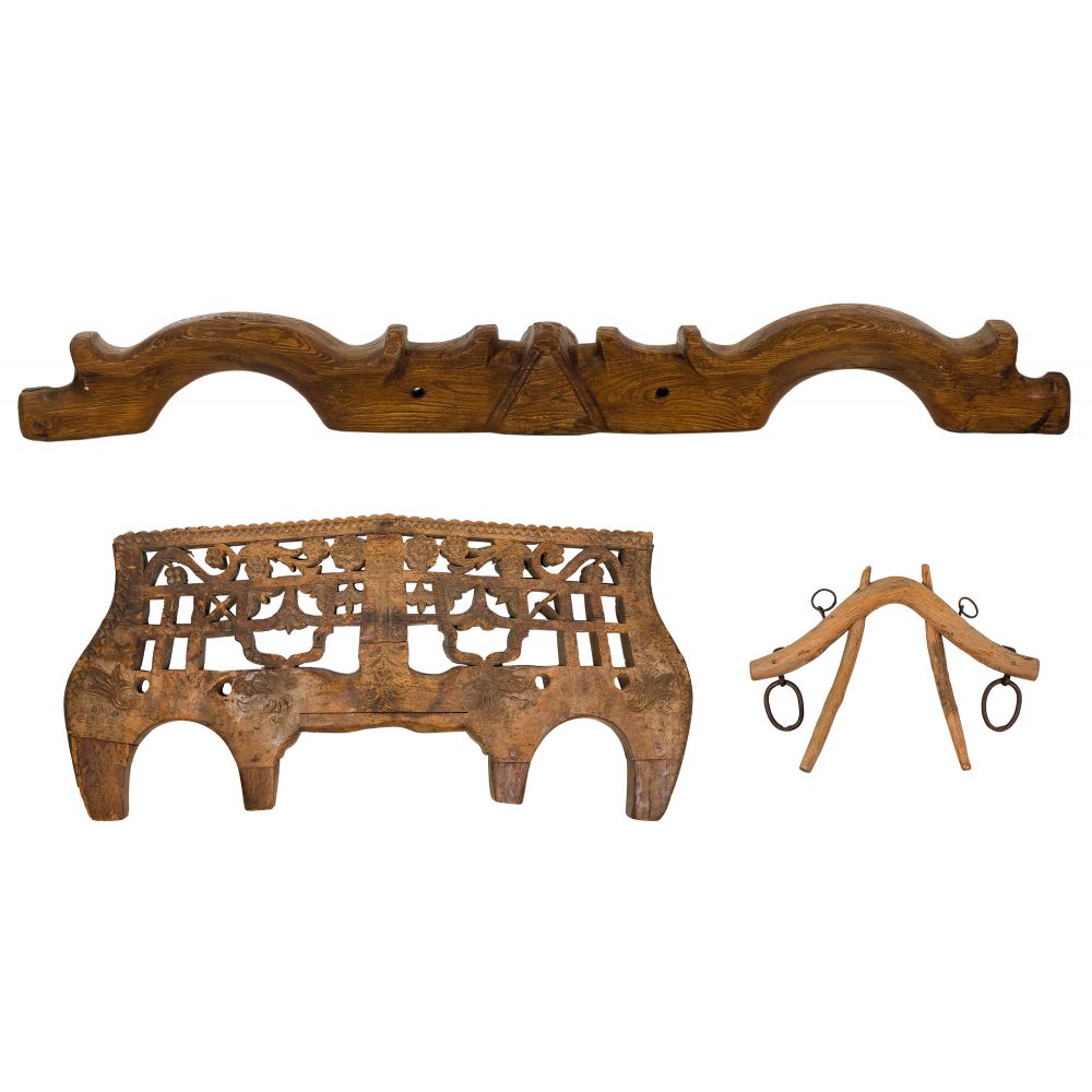 Appraisal: EUROPEAN CARVED WOOD ANIMAL YOKE ASSORTMENT folk art items including