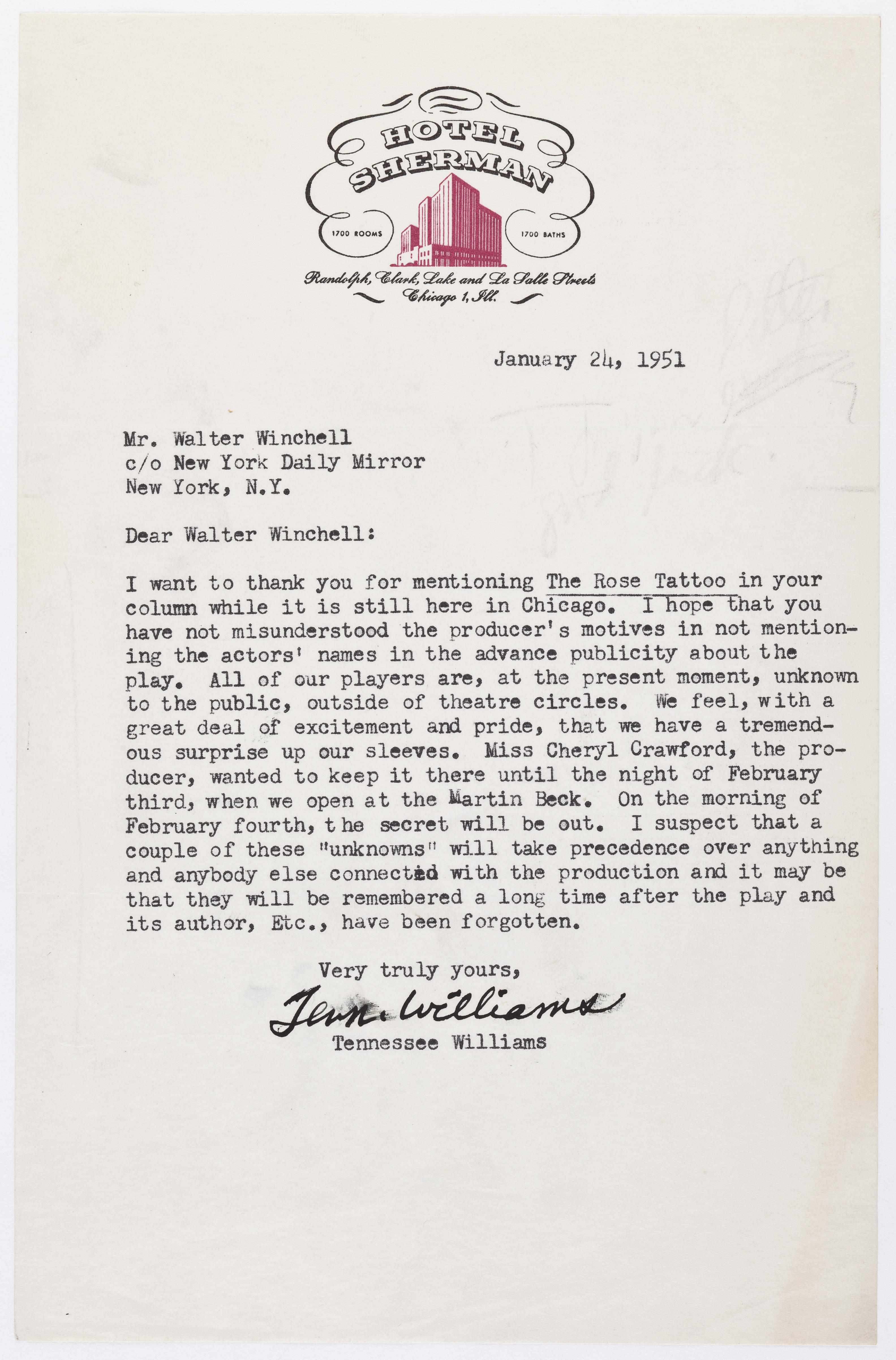 Appraisal: WILLIAMS TENNESSEE Typed Letter Signed ''Tenn Williams'' p vo Chicago