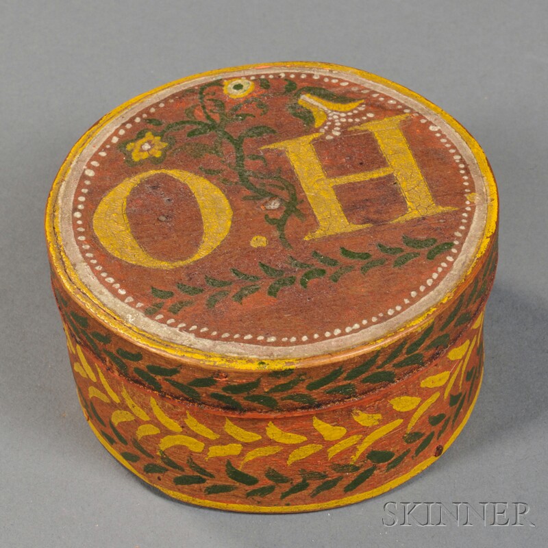 Appraisal: Paint-decorated Lapped-seam Covered Box New Hampshire th century round box