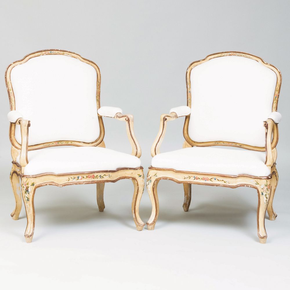 Appraisal: Pair of Italian Polychrome Painted Armchairs Upholstered with white cotton