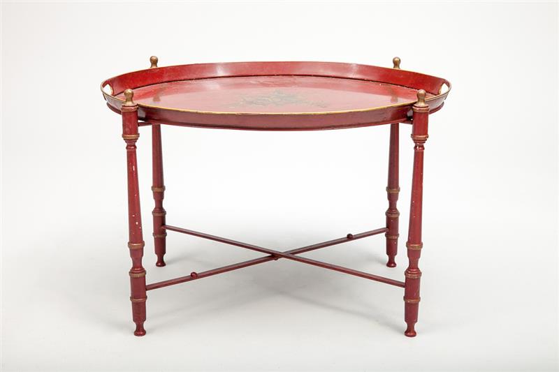 Appraisal: Charles X Style Maroon-Ground Oval Tray Table On folding metal