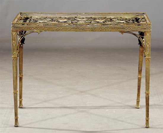 Appraisal: Continental bronze and porcelain console table pierced and galleried frame