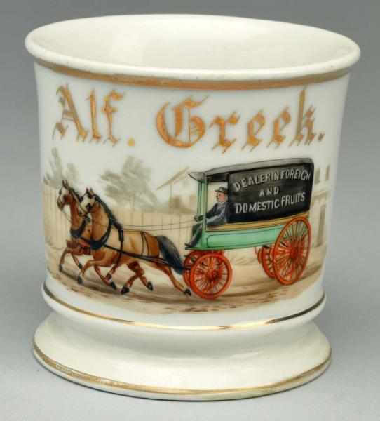 Appraisal: Horse-Drawn Wagon Shaving Mug Gilded Alf Greek D C stamp