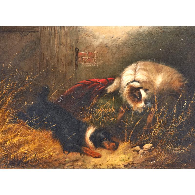 Appraisal: TH C BRITISH PAINTING OF TERRIERS Oil on canvas of