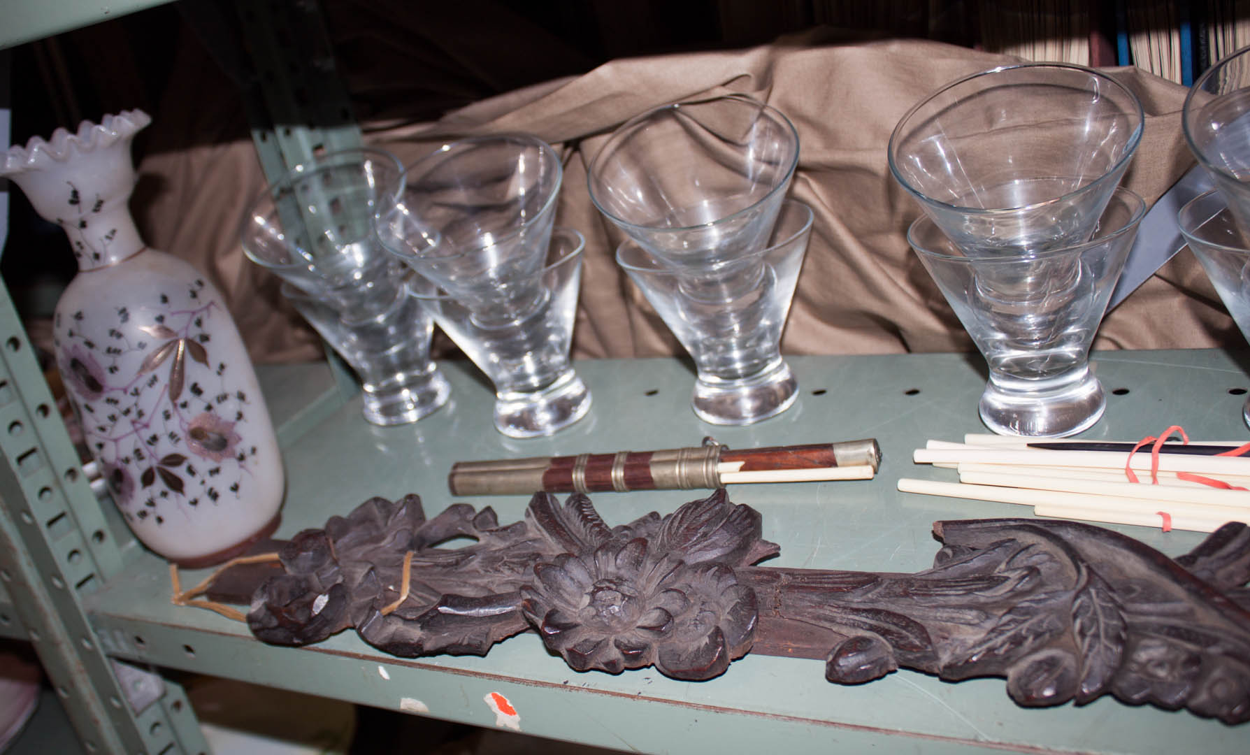 Appraisal: Assortment of items including stemware carved wood decorative section Wood