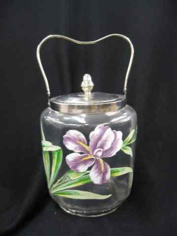 Appraisal: Enameled Art Glass Biscuit Jar orchid design on satin ''