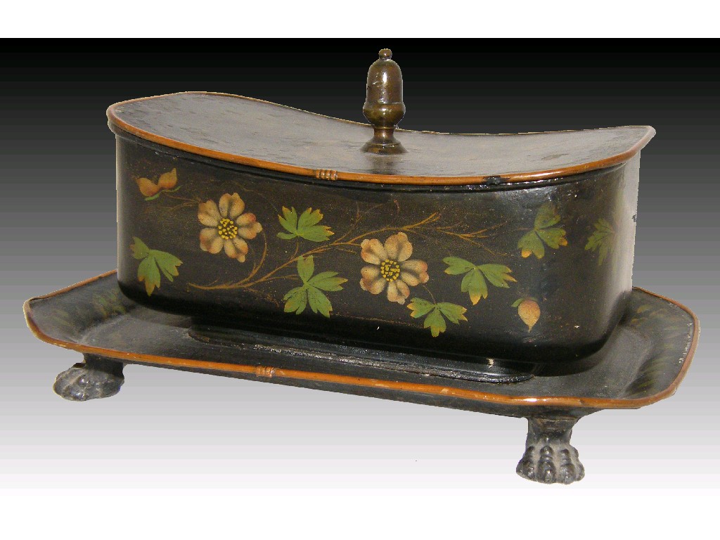 Appraisal: Toleware sweetmeat shaped oblong box and stand with foliate painted