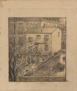 Appraisal: PENCIL DRAWING Depicting urban rooftops viewed from above tree level