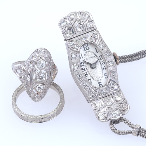 Appraisal: Art Deco diamond jewelry in pt or k wg Bulova