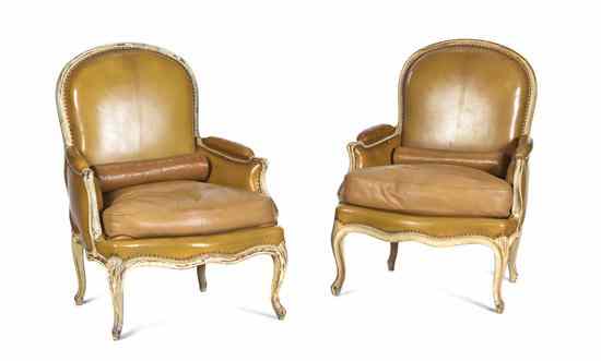 Appraisal: A Pair of Louis XV Style Painted Bergeres each having