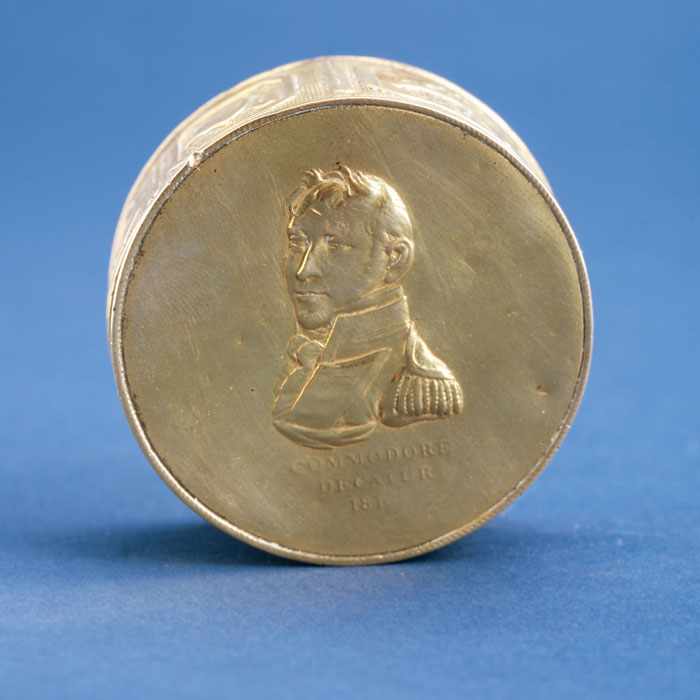 Appraisal: REPOUSSED BRASS SNUFF BOX WITH PORTRAIT BUST ON LID OF