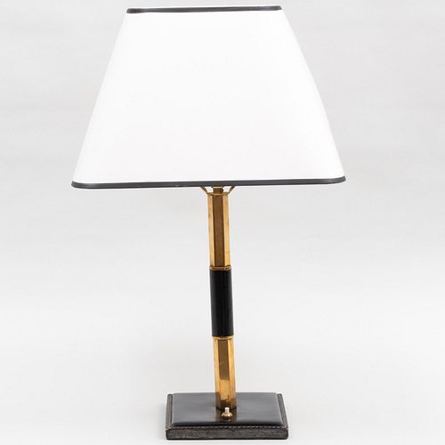 Appraisal: BRASS AND LEATHER DESK LAMP WITH CUSTOM SHADE ATTRIBUTED TO