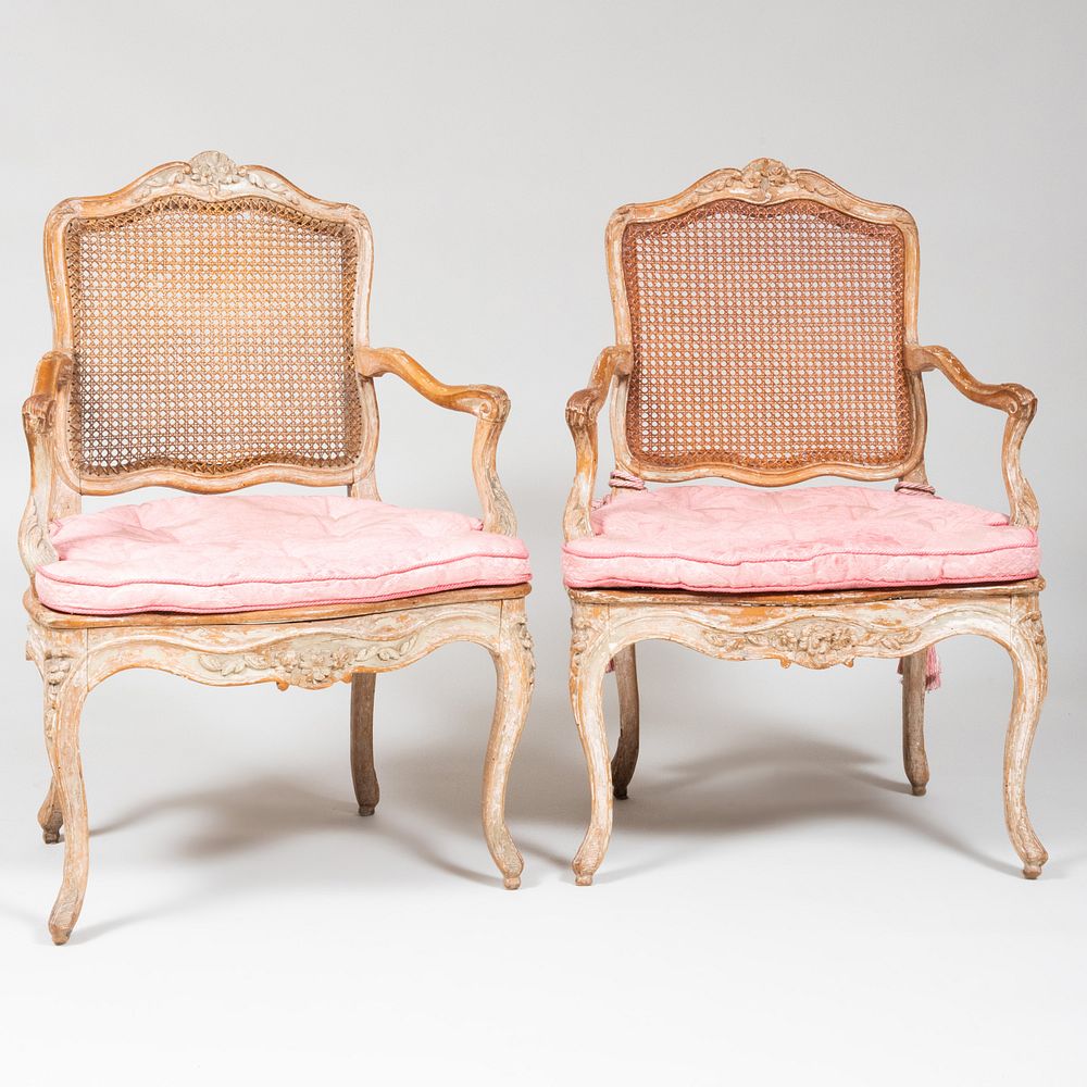 Appraisal: Pair of Louis XV Style Painted and Caned Fauteuils la