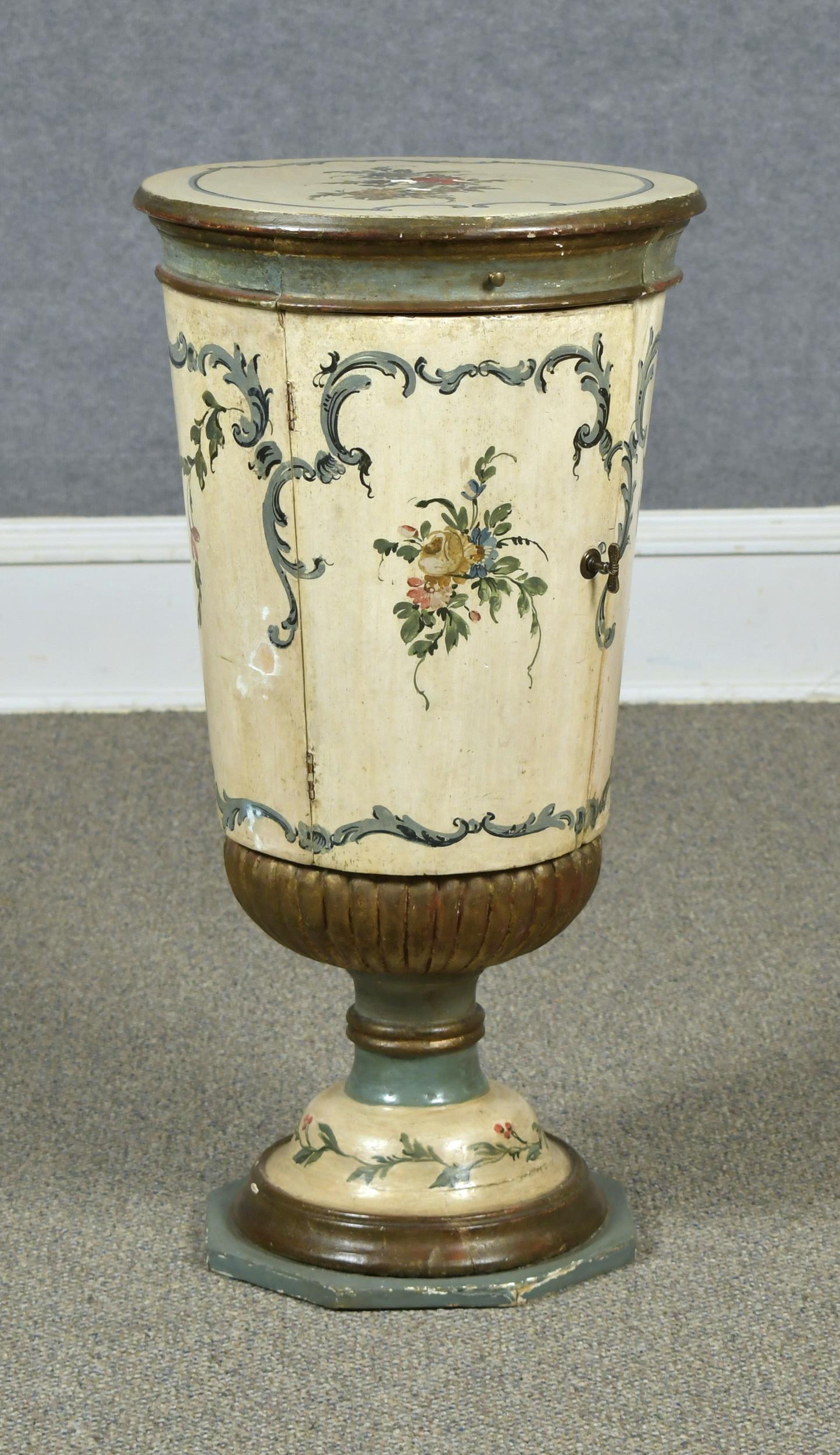 Appraisal: TH C PAINTED ITALIAN PEDESTAL CABINET Polychrome floral painted and