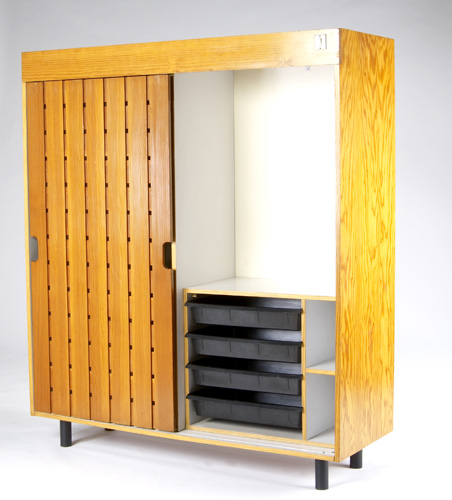 Appraisal: CHARLOTTE PERRIAND Slatted blond wood wardrobe with white laminate interior