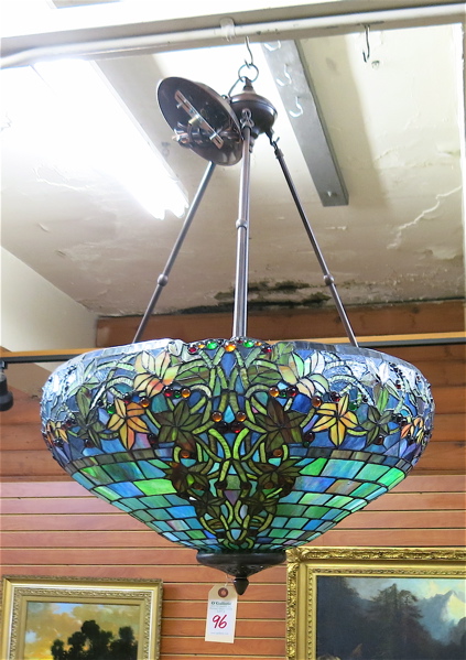 Appraisal: TIFFANY INSPIRED STAINED LEADED 'JEWELED' GLASS LIGHT FIXTURE ceiling mount