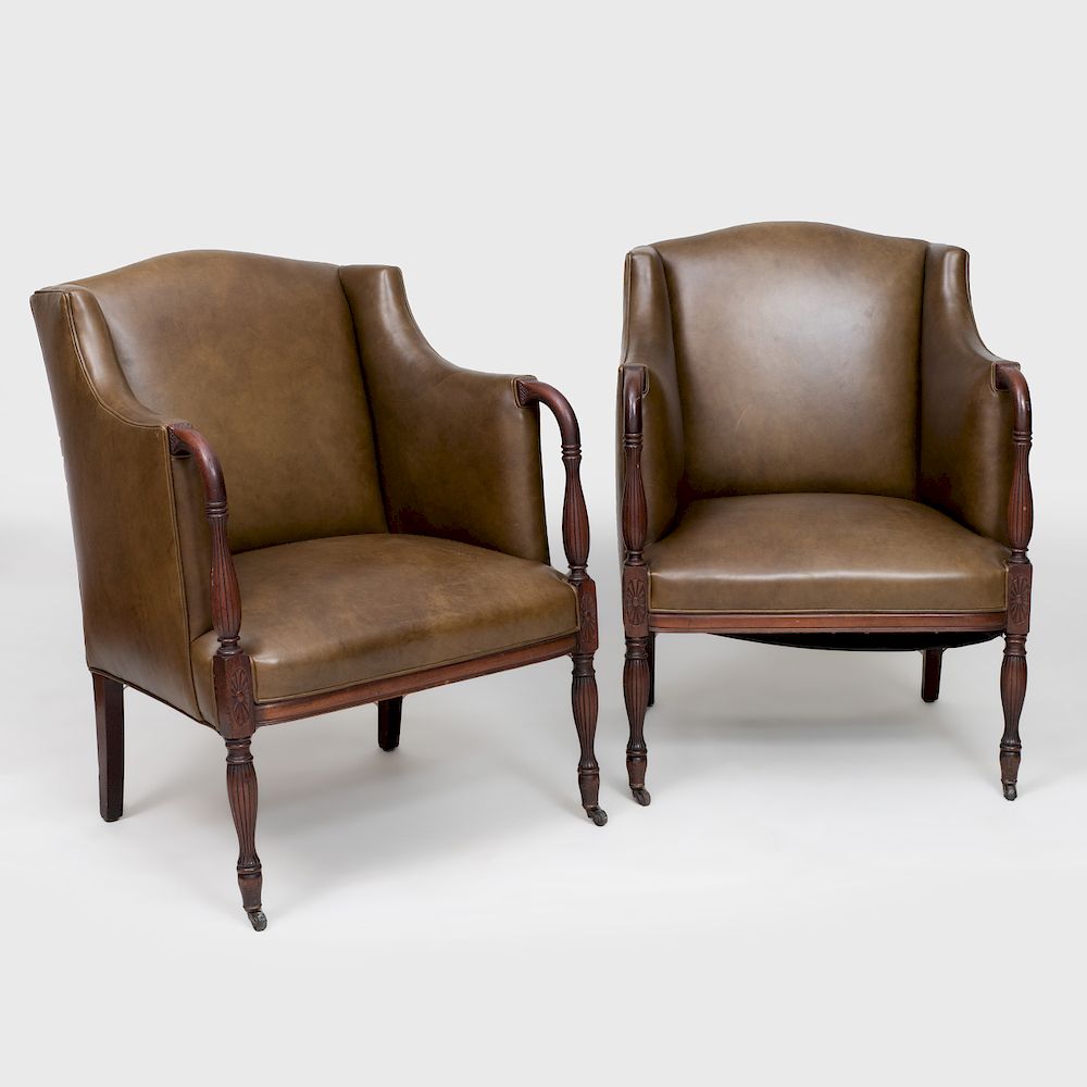 Appraisal: Pair of George III Style Mahogany and Leather Armchairs x