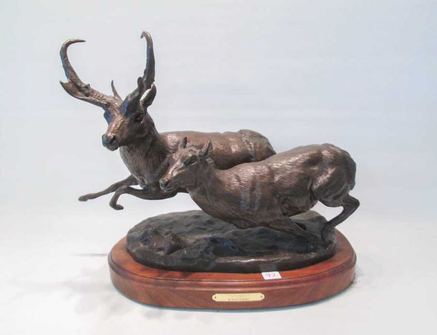 Appraisal: DAVID SCHAEFER BRONZE SCULPTURE American - Spooked pronghorn antelope on