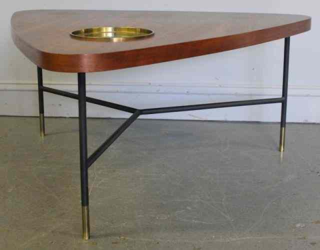 Appraisal: Midcentury Walnut Occasional Table Labeled Singer With original brass insert