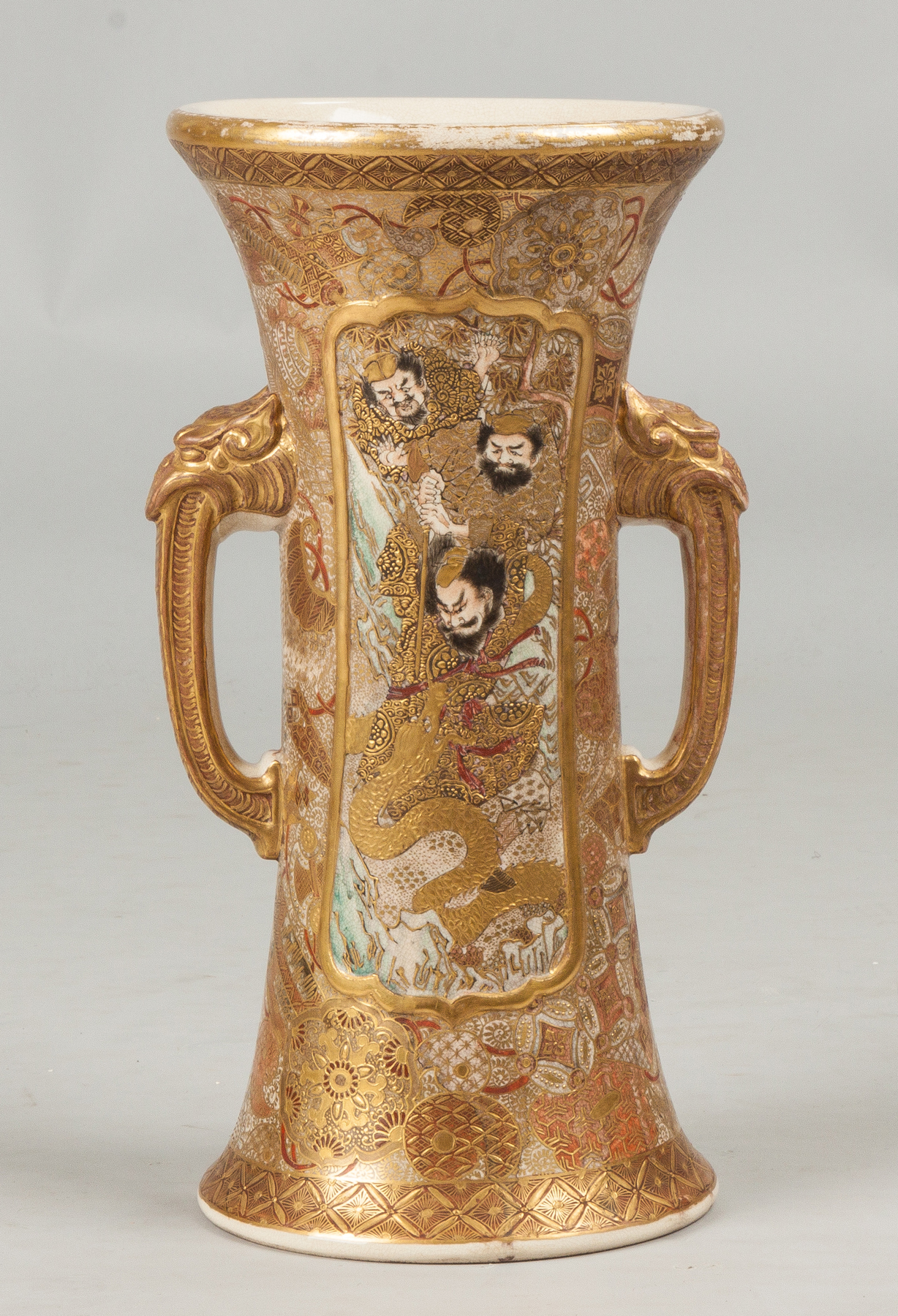 Appraisal: Satsuma Handled Vase Sgn Decorated with figures dragons landscape stylized