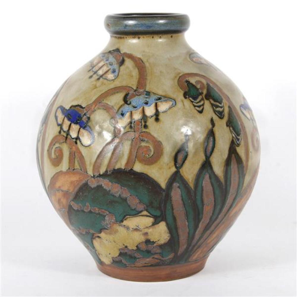 Appraisal: LARGE LOUIS LOURIOUX BULBOUS ART POTTERY VASE WITH HAND PAINTED