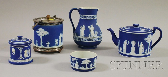 Appraisal: Five Wedgwood Dark Blue Jasper Dip Items a teapot jar