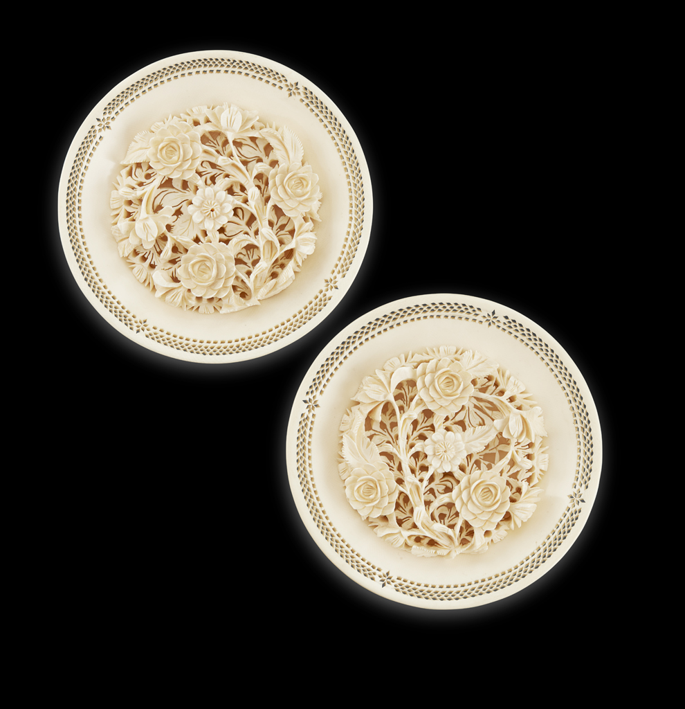 Appraisal: YPAIR OF FLORAL IVORY DISHES LATE QING DYNASTY carved with