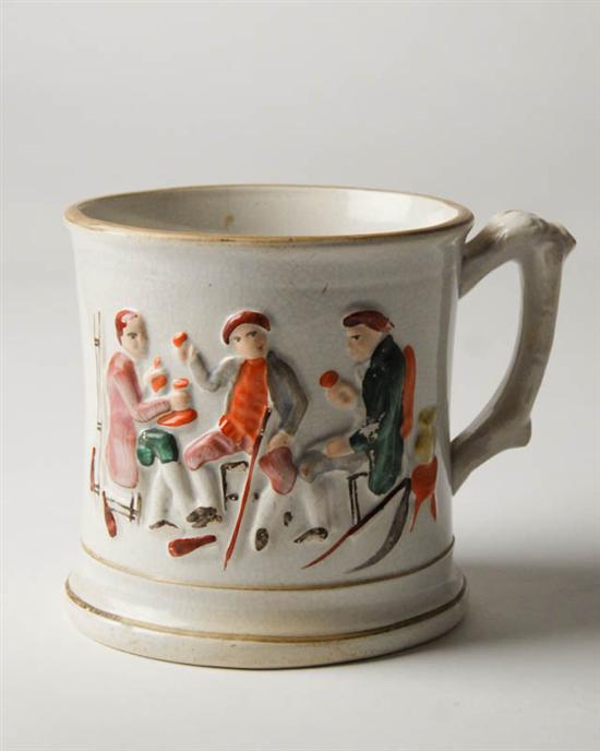 Appraisal: A Large English Prattware Mug having painted relief tavern figures